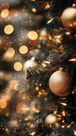 Golden baubles hang on a lit Christmas tree branch