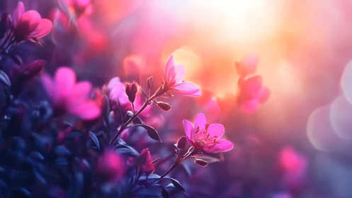 Pink flowers illuminated by diffuse golden light in soft focus composition.