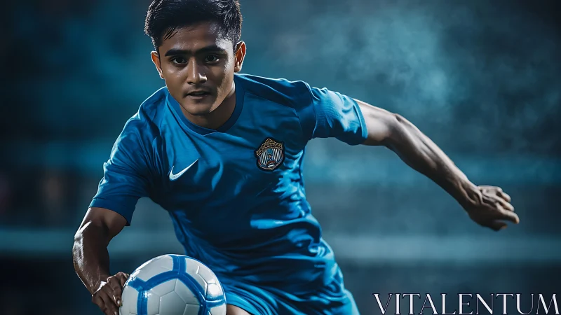Focused soccer player in blue jersey driving ball forward.
