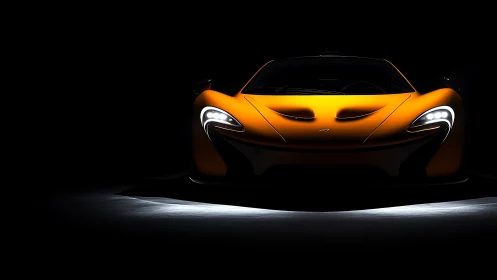 Orange sports car front view emerges from low key lighting