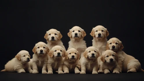 Golden puppy pile sharing sweet faces and cozy cuddles.