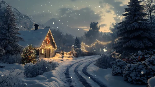 Snowy village lane with decorated cabin at dusk.