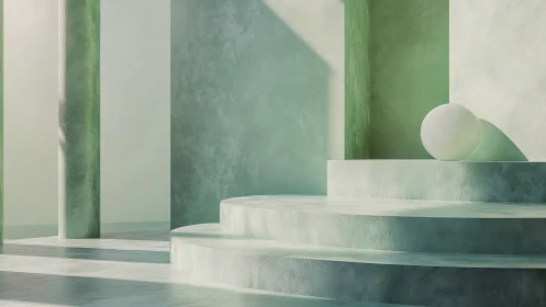 Architectural rendering with geometric steps and verdant striped walls.