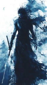Silhouetted swordsman rendered in high contrast monochrome brush dynamics