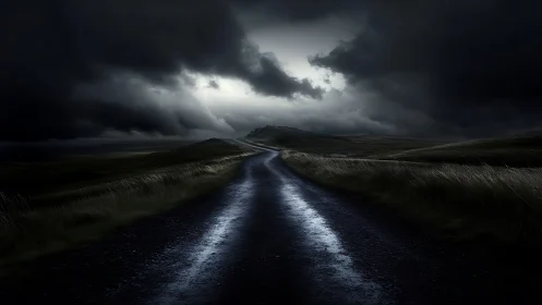 Lonely wet road curves toward distant stormlit horizon
