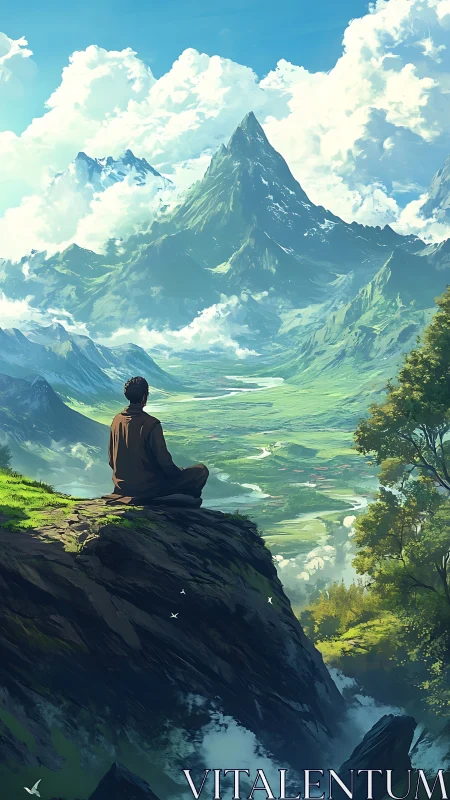 Solitary dreamer converses with mountains in painted silence