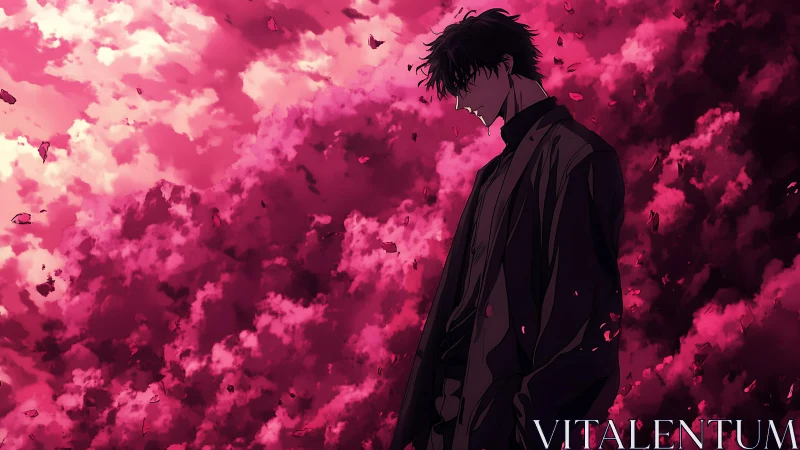 Solitary figure before dense red cloud and drifting petals.