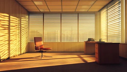 Golden hour quiet office washed in warm window light.