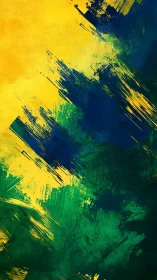 Diagonal impasto strokes in blue, green and yellow convergence