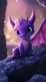 Bioluminescent baby dragon in cavernous bokeh environment.