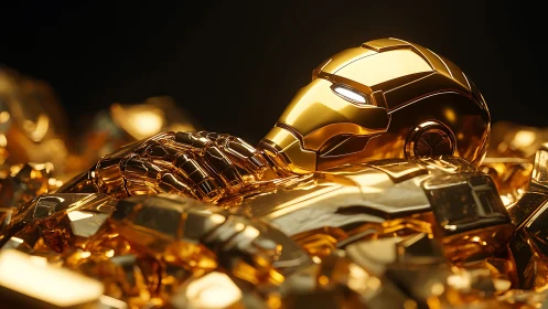 Golden robotic helmet rests on reflective mechanical debris