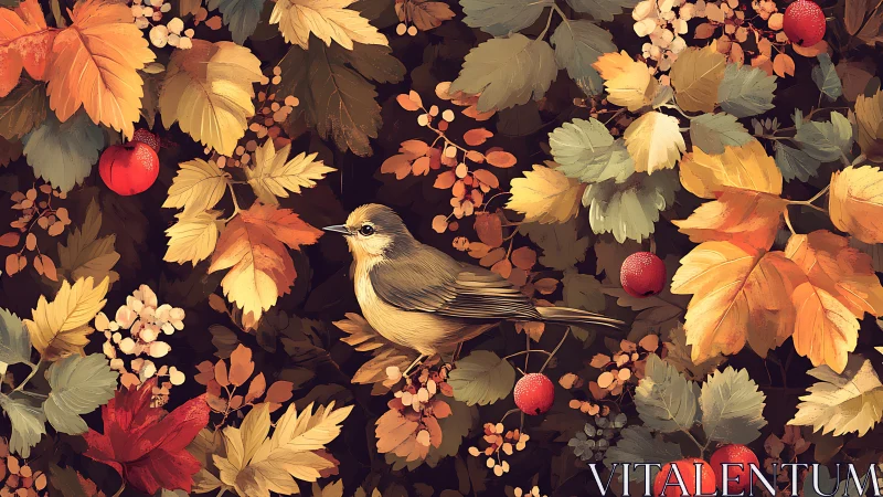 Quiet songbird rests amid golden autumn forest leaves