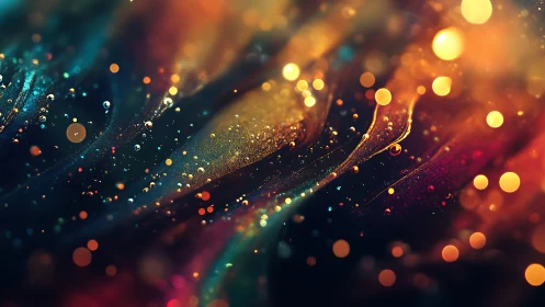 Colorful abstract light trails with glowing bokeh orbs.