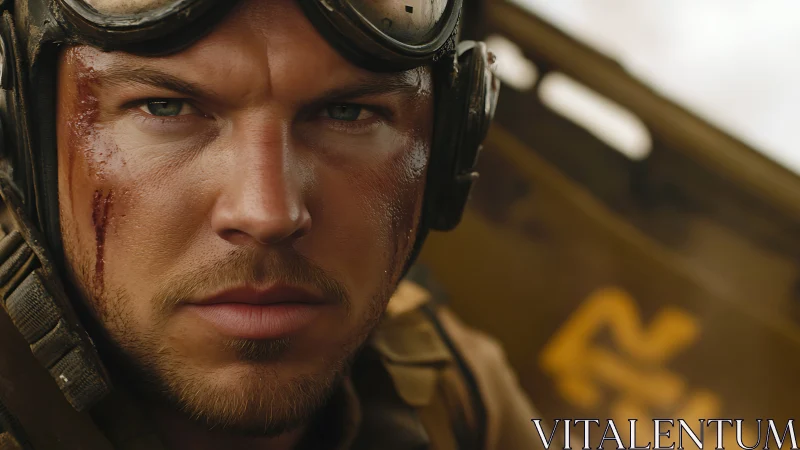 Battle-worn pilot meets the viewer with steady, fearless focus
