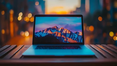 Open laptop displays vivid mountain wallpaper at dusk
