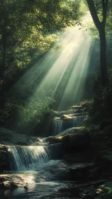 Crepuscular sunbeams over tiered forest cascade stream