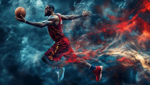 Dynamic digital painting of airborne basketball player in flames.