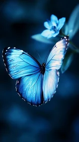 Blue butterfly rests near soft-focused flower in darkness