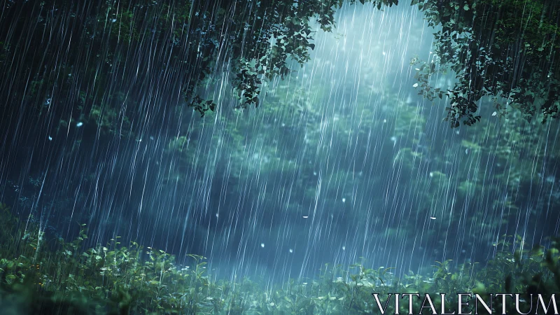 Heavy Rain Cascades Through Forest Canopy