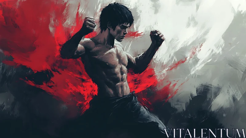 Fierce martial artist poised in a storm of bold red energy.