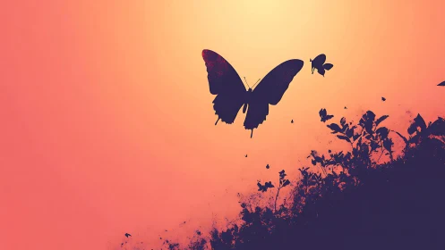 Butterfly silhouette over floral horizon at vivid sunset.