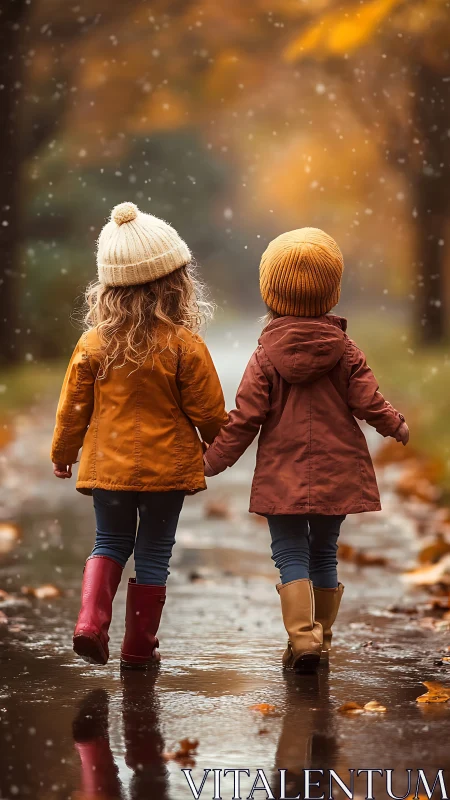 Two children holding hands walk through autumn rain together.