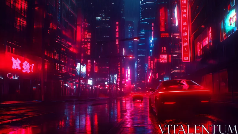 Neon lit rain soaked cyberpunk avenue with reflective wet asphalt