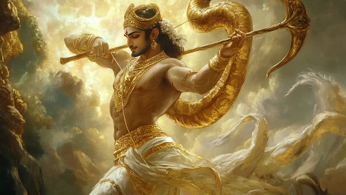 Mythic archer in dynamic golden vortex of divine motion.