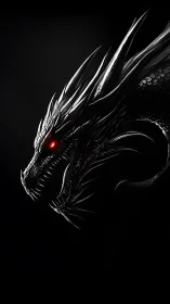 Midnight dragon poised in shadow with ember-red gaze.