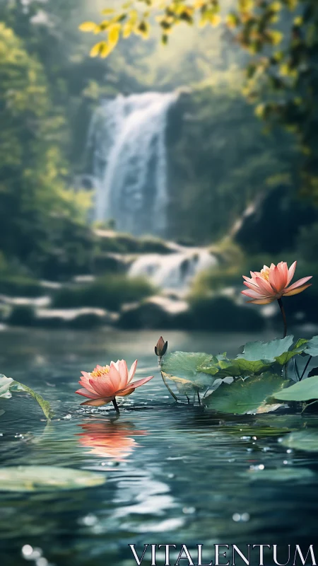 Foreground lotus flowers stand before a distant blurred waterfall