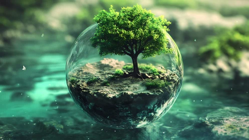 Floating tree island sealed in luminous crystal sphere.