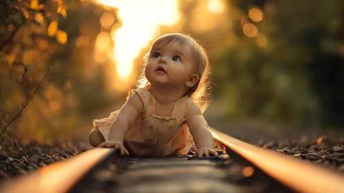 Toddler on Railway at Golden Hour Sunset.