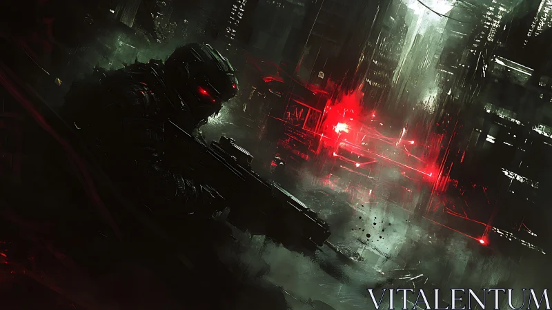 Cybernetic sniper in neon-soaked dystopian cityscape.