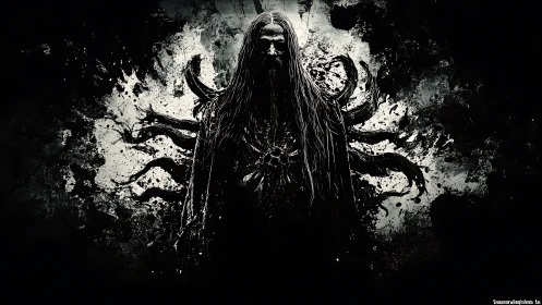 Dark humanoid figure with tendrils in stark contrast.