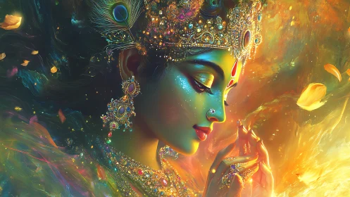 Regal blue-skinned goddess in jeweled golden radiance.