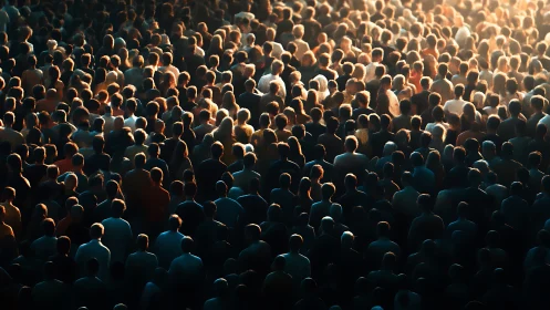 Large dense crowd viewed from behind in warm low light.
