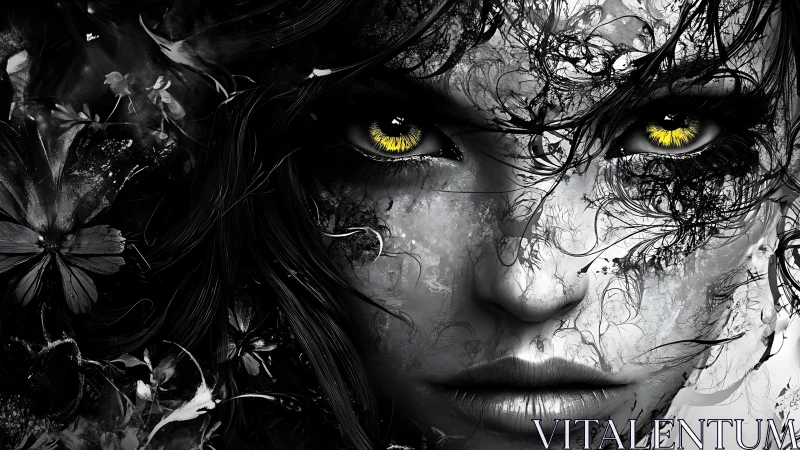 Mystic woman&rsquo;s gaze burns through swirling monochrome chaos