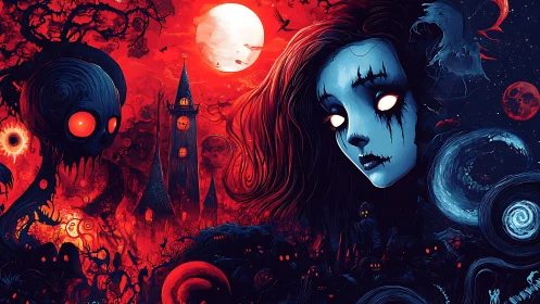 Haunted lunar divide with spectral girl and infernal forest.