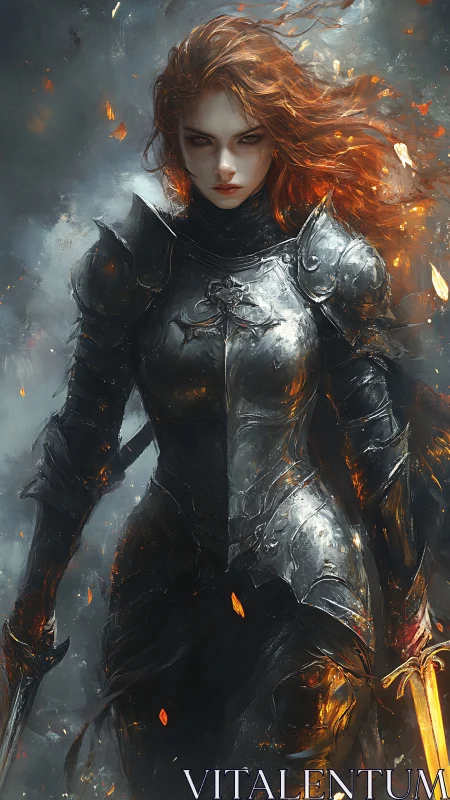 Fierce flame haired warrior strides through glowing embers.