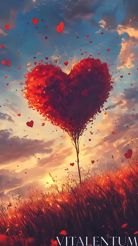 Heart Tree Blooms Against Burning Sky.