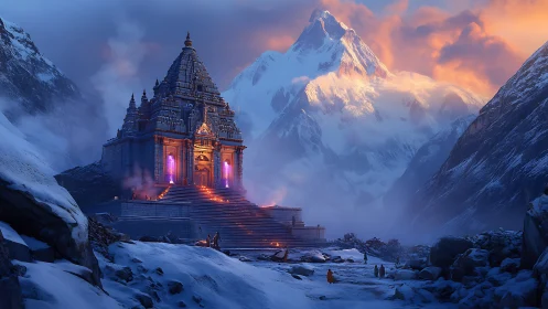 Glowing mountain temple sanctuary in a peaceful snowy valley.