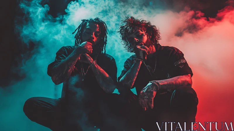 Dual-color stage portrait with kneeling musicians in smoke