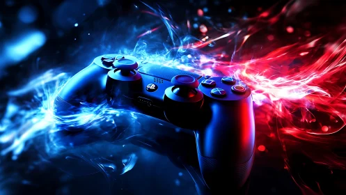 Game controller glows amid blue and red energy effects