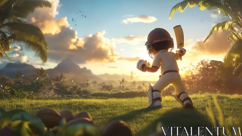 Sunlit tropical cricket kid readying bat on hilltop field.