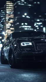 Low-angle view shows black luxury car in urban night setting