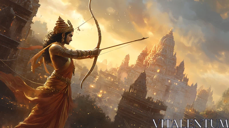 Solar archer draws destiny before blazing celestial temples.