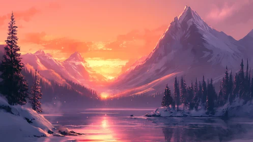 Sunlit winter mountains rise above a reflective frozen lake