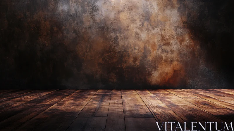 Empty rustic room with textured wall and wooden floor.