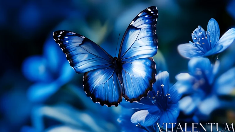 Photorealistic macro study of blue butterfly on blossoms.