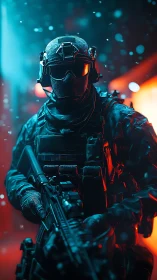 Heavily armed futuristic soldier in neon combat scene.